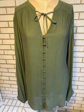 Women's Olive Green Tie-Neck Blouse